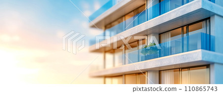 AI-generated content. modern apartment building facade with clear glass balconies and a single potted plant, bathed in the warm glow of sunset, reflecting a contemporary urban living space and real 110865743