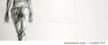 AI-generated content. An artistic sketch of a human figure in motion, with a strong emphasis on the contours and musculature, rendered in a dynamic and fluid drawing style against a clean white 110865747