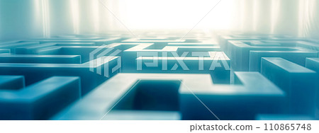 AI-generated content. Blue maze with a soft focus and bright light suggesting solution and success 110865748