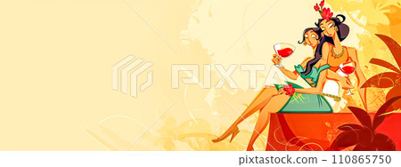 AI-generated content. two women in elegant attire sitting back-to-back, each holding a wine glass, with a floral motif and abstract elements in a yellow and orange color scheme, event banner with 110865750