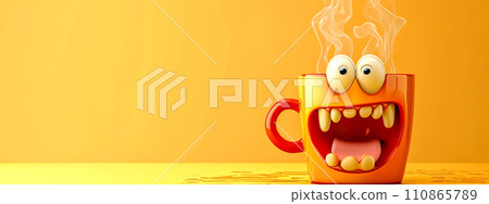 AI-generated content. A cheerful, steaming mug with a comical face on a yellow background, embodying a playful start to the day AI-generated content. A cheerful, steaming mug with a comical face on a yellow background, embodying a playful start to the day 110865789