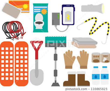 A material set of items you should have in case you get stuck while driving on a snowy road. 110865823