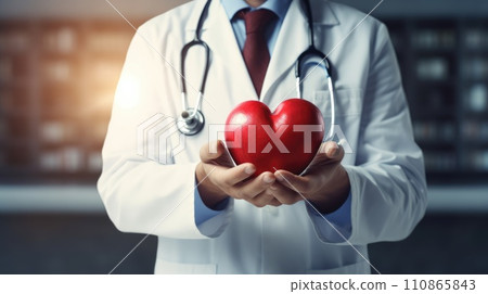 Doctor is holding red heart in his hands. St Valentine's Day vibe. Heart surgery, Cardiac surgery. Doctor is holding red heart in his hands. St Valentine's Day vibe. Heart surgery, Cardiac surgery. 110865843