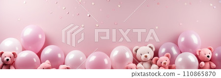 Pink air balloons heart shape on a white background. Concept wedding, valentines day, photo zone, lovers. Banner. Flat lay, top view 110865870