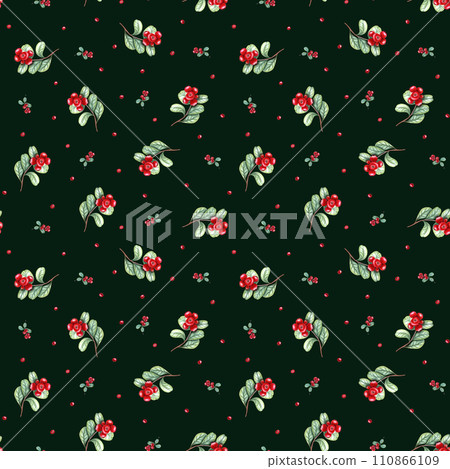 Seamless pattern of wild lingonberry berries with stem and leaves. Fresh partridgeberries on dark green background. Ripe red cowberries. Watercolor illustration for textile, package 110866109