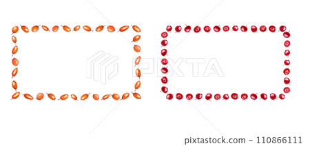 Set of rectangle frames with red cowberries and orange sea buckthorn. Ripe fresh lingonberries, sandthorn. Watercolor illustration isolated on white. For different cards, greetings, invitations. Set of rectangle frames with red cowberries and orange sea buckthorn. Ripe fresh lingonberries, sandthorn. Watercolor illustration isolated on white. For different cards, greetings, invitations. 110866111