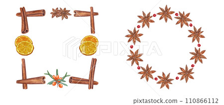 Set with spice frame and wreath. Cinnamons sticks, star anise, sea buckthorn, orange slices, cowberry. Watercolor illustration of berries, citrus and brown spices. Copy space for text Set with spice frame and wreath. Cinnamons sticks, star anise, sea buckthorn, orange slices, cowberry. Watercolor illustration of berries, citrus and brown spices. Copy space for text 110866112