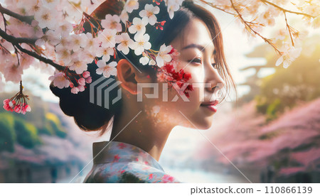 日本春天櫻花盛開的形象 | 穿著和服的年輕女子 | 多重曝光 | AI 生成影像 110866139