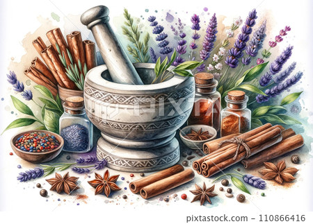 Watercolor Painting of Mortar and Pestle with Herbs and Spices 110866416