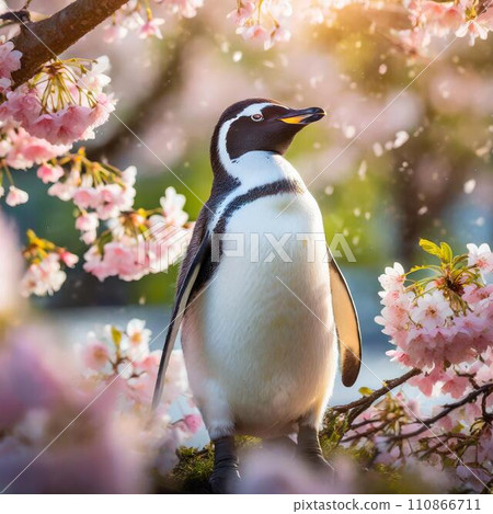 盛開的櫻花和帝企鵝人工智慧生成的圖像 盛開的櫻花和帝企鵝人工智慧生成的圖像 110866711