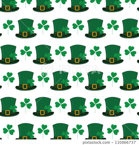 Seamless pattern of Leprechaun hats with ribbon buckle and shamrocks. St. Patrick background texture 110866737