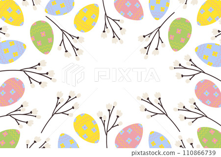 Abstract colorful frame border of bright Easter eggs and spring twigs. Copy space. Easter greetings Abstract colorful frame border of bright Easter eggs and spring twigs. Copy space. Easter greetings 110866739