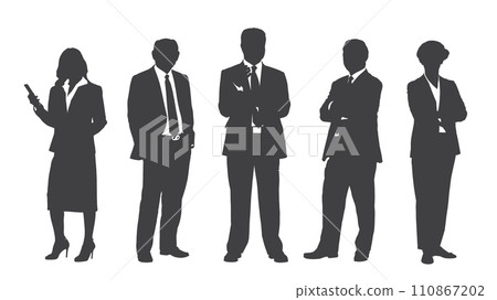 Business people group gray silhouettes pose on white background, flat line vector and illustration. Business people group gray silhouettes pose on white background, flat line vector and illustration. 110867202