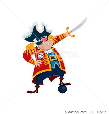 Cartoon pirate captain character with sword and cannonball. Vector funny corsair or buccaneer captain personage in pirate costume, tricorn hat and coat pointing with sword, piracy character 110867294