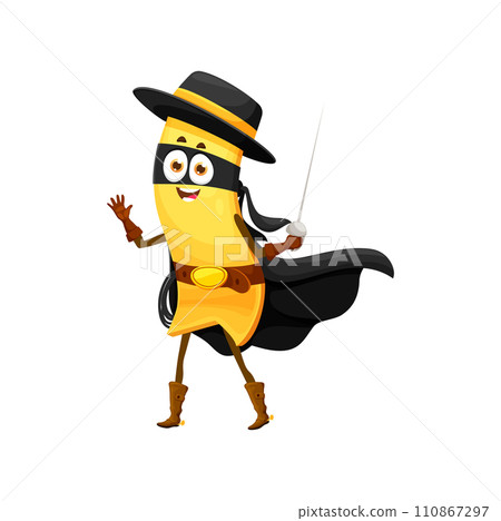 Cartoon lasagna pasta superhero character wielding rapier sword with costume featuring black cape, hat and mask. Funny noodle comics book personage ready to save the world and fight with criminals 110867297
