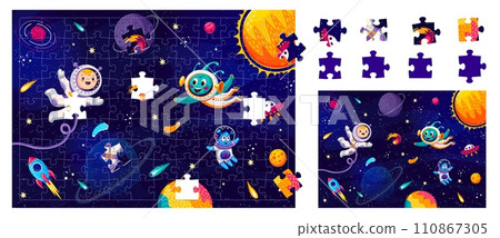 Jigsaw puzzle game pieces. Cartoon aliens and astronaut at starry outer space. Form match quiz, puzzle game or riddle with kid spaceman, alien cute characters, rocket and comet flying in outerspace Jigsaw puzzle game pieces. Cartoon aliens and astronaut at starry outer space. Form match quiz, puzzle game or riddle with kid spaceman, alien cute characters, rocket and comet flying in outerspace 110867305
