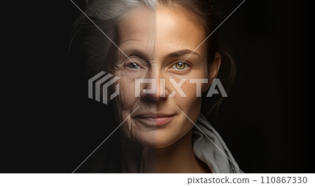 the photograph split a subject into 2 ports. Split the subject showing an old woman is shown to be age 80 on the left side and a young woman is shown to be age 20 on the right side 110867330