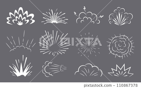 Bomb explosion smoke and rays of boom blast clouds, vector comic cartoon effect. Bomb explode or fire bang of firework, energy explosives and TNT dynamite explosion with boom flash burst rays 110867378