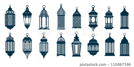 Eid mubarak arab islamic fanous lantern or ramadan lamp silhouettes. Isolated vector ornate lamps, symbol of holiday joy and celebration. They illuminate homes and streets, adding a festive ambiance Eid mubarak arab islamic fanous lantern or ramadan lamp silhouettes. Isolated vector ornate lamps, symbol of holiday joy and celebration. They illuminate homes and streets, adding a festive ambiance 110867396
