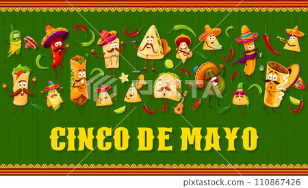 Cinco de Mayo Mexican holiday banner with Tex Mex food characters, vector cartoon background. Cinco de Mayo fiesta celebration with funny burrito in sombrero, tacos with guitar and mariachi nachos 110867426
