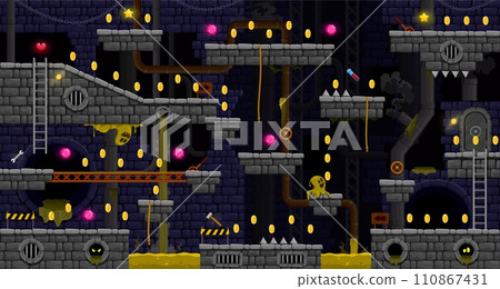 Dark arcade underground of sewage wastewater for game level map, vector interface. Stone platforms and coins, stairs and ghosts with gems and monster slimes on platforms for arcade game background 110867431