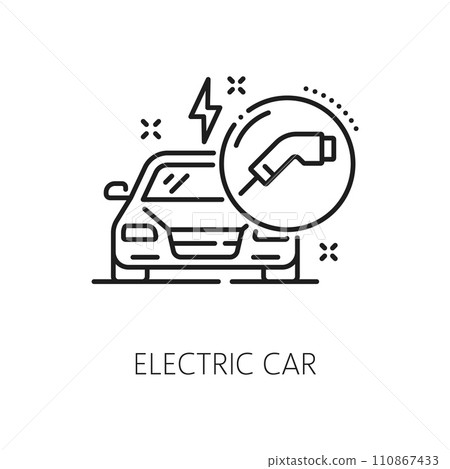 Electric car dealer, dealership, auto company outline icon. Automobile service salon, used vehicle buy distributor or car rental dealership outline vector symbol with electric vehicle charging cable Electric car dealer, dealership, auto company outline icon. Automobile service salon, used vehicle buy distributor or car rental dealership outline vector symbol with electric vehicle charging cable 110867433