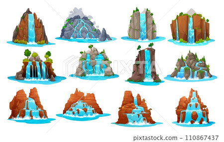 Cartoon Wild West waterfall and water cascade. Game landscape asset. Isolated vector falling streams, pure liquid jets. River fall from rock or mountain, natural fountain ui or gui 2d graphics set Cartoon Wild West waterfall and water cascade. Game landscape asset. Isolated vector falling streams, pure liquid jets. River fall from rock or mountain, natural fountain ui or gui 2d graphics set 110867437