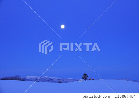 Snowy field and moon before dawn Snowy field and moon before dawn 110867494