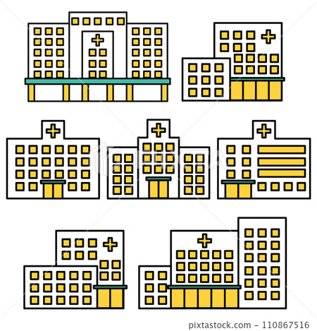 Simple icon set of various hospital buildings Simple icon set of various hospital buildings 110867516