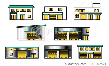 Simple icon set A of various factory buildings 110867521