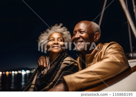 Beautiful and happy senior african american couple on a sailboat at night, neural network generated image Beautiful and happy senior african american couple on a sailboat at night, neural network generated image 110868195