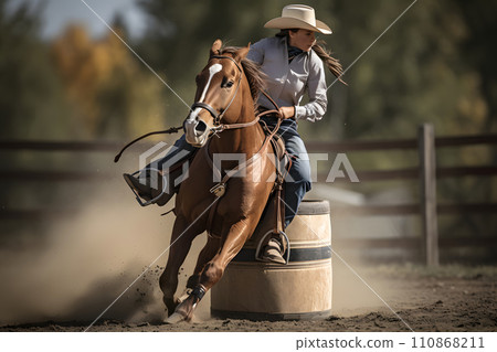 women horse barrel racing, neural network generated image 110868211