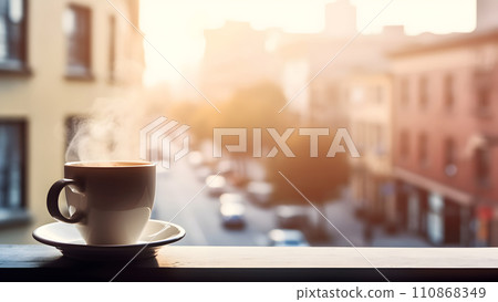 hot coffee cup on windowsill with blurry morning city in the background, neural network generated image hot coffee cup on windowsill with blurry morning city in the background, neural network generated image 110868349