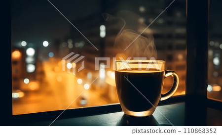 hot coffee cup on windowsill with blurry night city in the background, neural network generated image hot coffee cup on windowsill with blurry night city in the background, neural network generated image 110868352