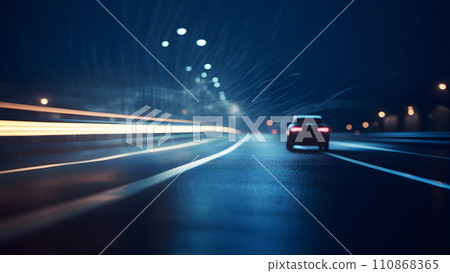 one car on a highway at rainy night near long exposure trails of traffic, neural network generated image one car on a highway at rainy night near long exposure trails of traffic, neural network generated image 110868365