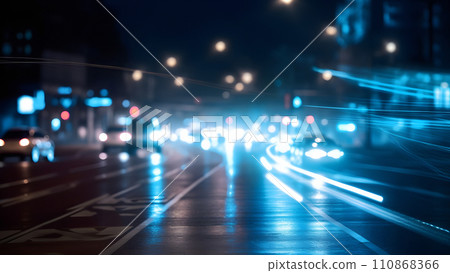 blue light showing on a highway at night, closeup with selective focus and bokeh blur, neural network generated image 110868366