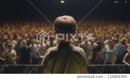 Small child gives a speech on stage in front of thousands people crowd, view from behind, neural network generated picture Small child gives a speech on stage in front of thousands people crowd, view from behind, neural network generated picture 110868369