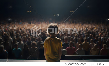 Small child gives a speech on stage in front of thousands people crowd, view from behind, neural network generated picture Small child gives a speech on stage in front of thousands people crowd, view from behind, neural network generated picture 110868370