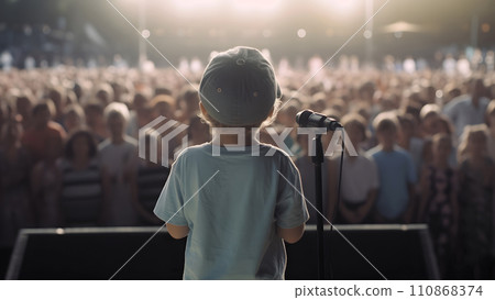 Small child gives a speech on stage in front of thousands people crowd, view from behind, neural network generated picture 110868374