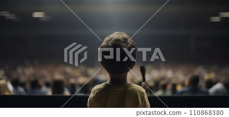 Small child gives a speech on stage in front of thousands people crowd, view from behind, neural network generated picture Small child gives a speech on stage in front of thousands people crowd, view from behind, neural network generated picture 110868380