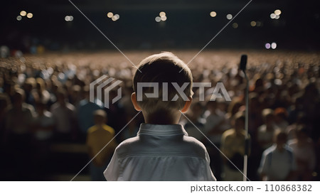 Small child gives a speech on stage in front of thousands people crowd, view from behind, neural network generated picture Small child gives a speech on stage in front of thousands people crowd, view from behind, neural network generated picture 110868382