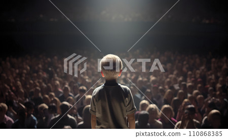Small child gives a speech on stage in front of thousands people crowd, view from behind, neural network generated picture Small child gives a speech on stage in front of thousands people crowd, view from behind, neural network generated picture 110868385