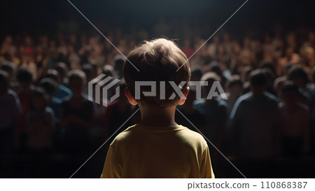 Small child gives a speech on stage in front of thousands people crowd, view from behind, neural network generated picture Small child gives a speech on stage in front of thousands people crowd, view from behind, neural network generated picture 110868387