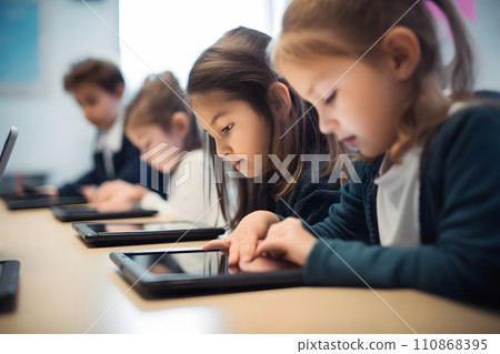 Technology in Classroom - children students in school using tablet computers during education process, photorealistic, neural network generated image 110868395