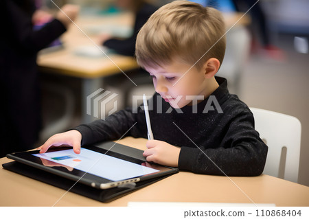 Technology in Classroom - children students in school using tablet computers during education process, photorealistic, neural network generated image Technology in Classroom - children students in school using tablet computers during education process, photorealistic, neural network generated image 110868404