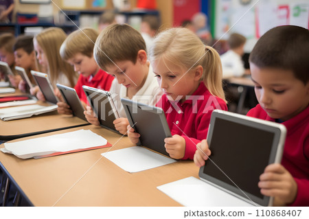 Technology in Classroom - children students in school using tablet computers during education process, photorealistic, neural network generated image 110868407