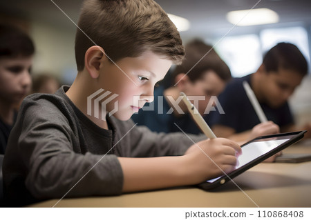 Technology in Classroom - children students in school using tablet computers during education process, photorealistic, neural network generated image Technology in Classroom - children students in school using tablet computers during education process, photorealistic, neural network generated image 110868408
