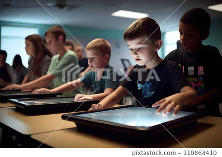Technology in Classroom - children students in school using tablet computers during education process, photorealistic, neural network generated image Technology in Classroom - children students in school using tablet computers during education process, photorealistic, neural network generated image 110868410