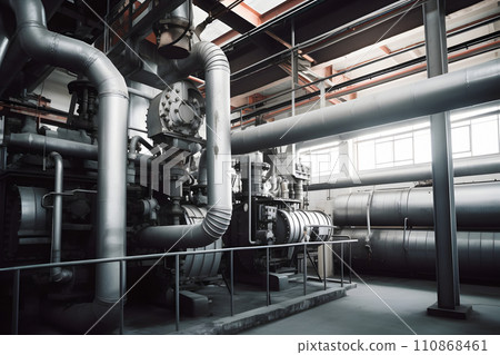 Equipment piping inside of a modern chemical refinery, neural network generated picture Equipment piping inside of a modern chemical refinery, neural network generated picture 110868461