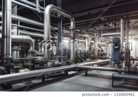 Equipment piping inside of a modern chemical refinery, neural network generated picture Equipment piping inside of a modern chemical refinery, neural network generated picture 110868462